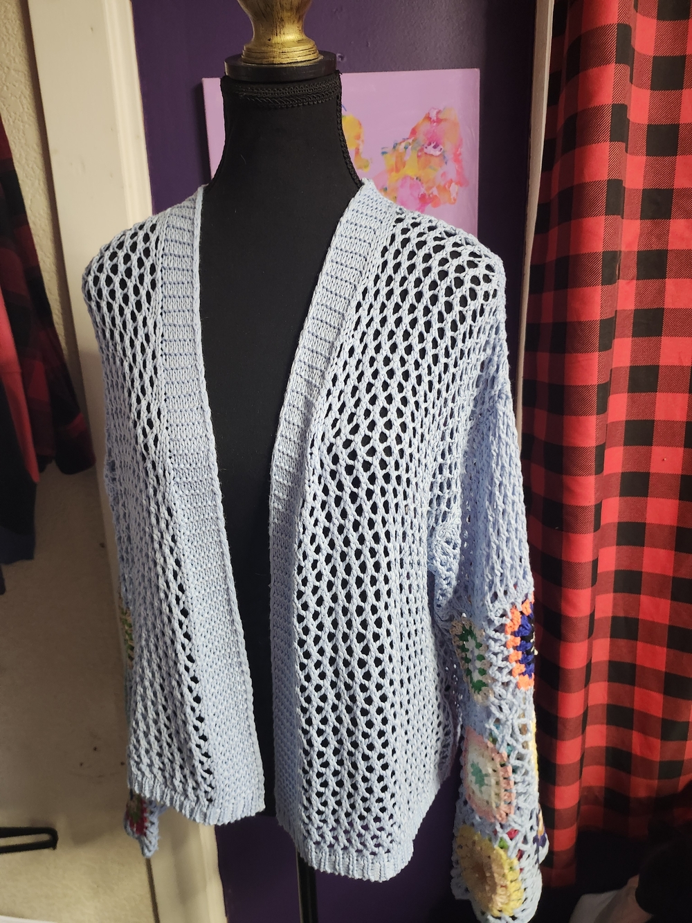 SHEIN Light Blue Open-Knit Cardigan with Multicolor Crochet Sleeves